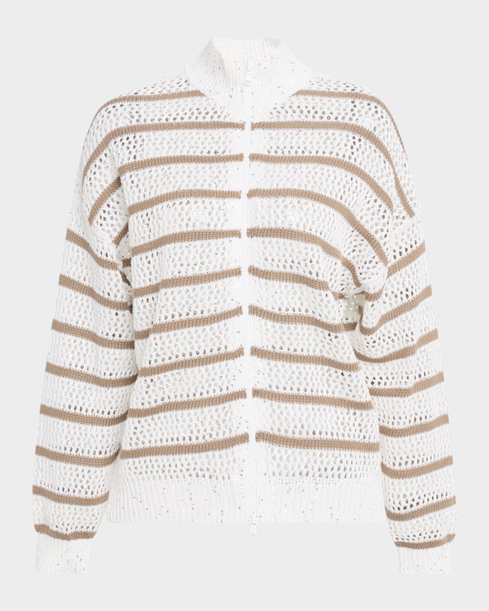 Linen French Riveria Paillette Knit Zip-Up Cardigan